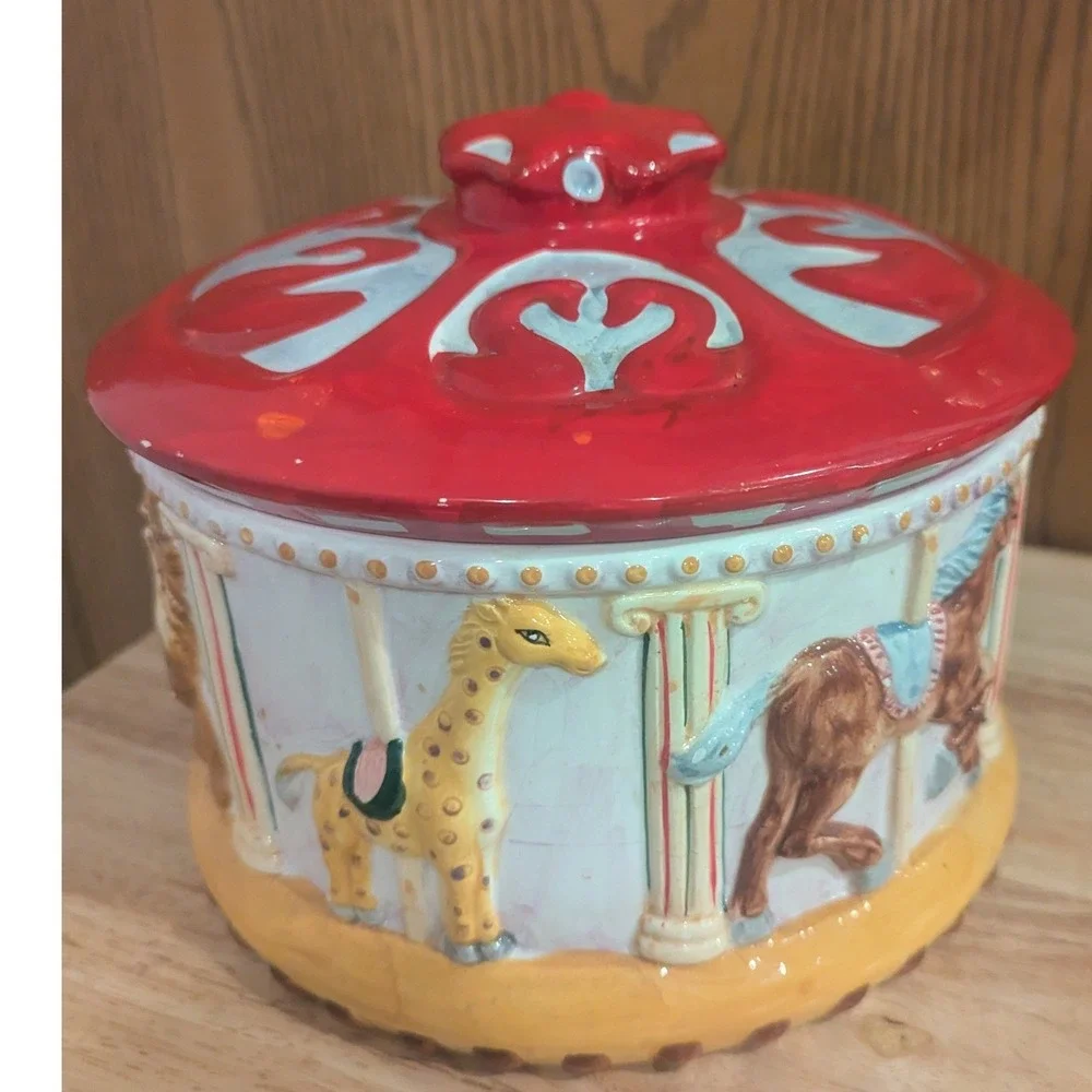 VTG Corning Factory Ceramic Carousel Cookie Jar Zebra CamelOstrich Giraffe Horse